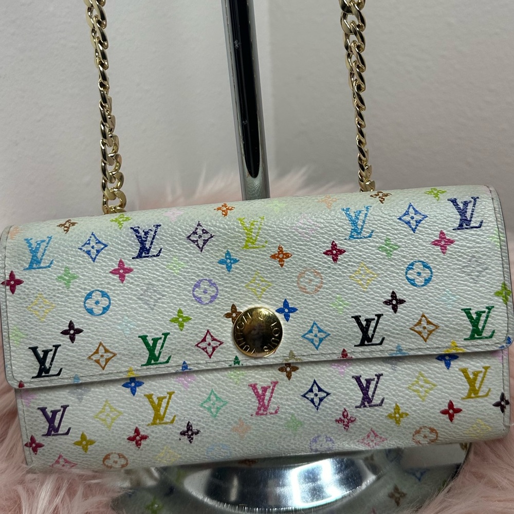 Louis Vuitton X Takashi Murakami Multicolor White Beige Monogram Sarah Wallet